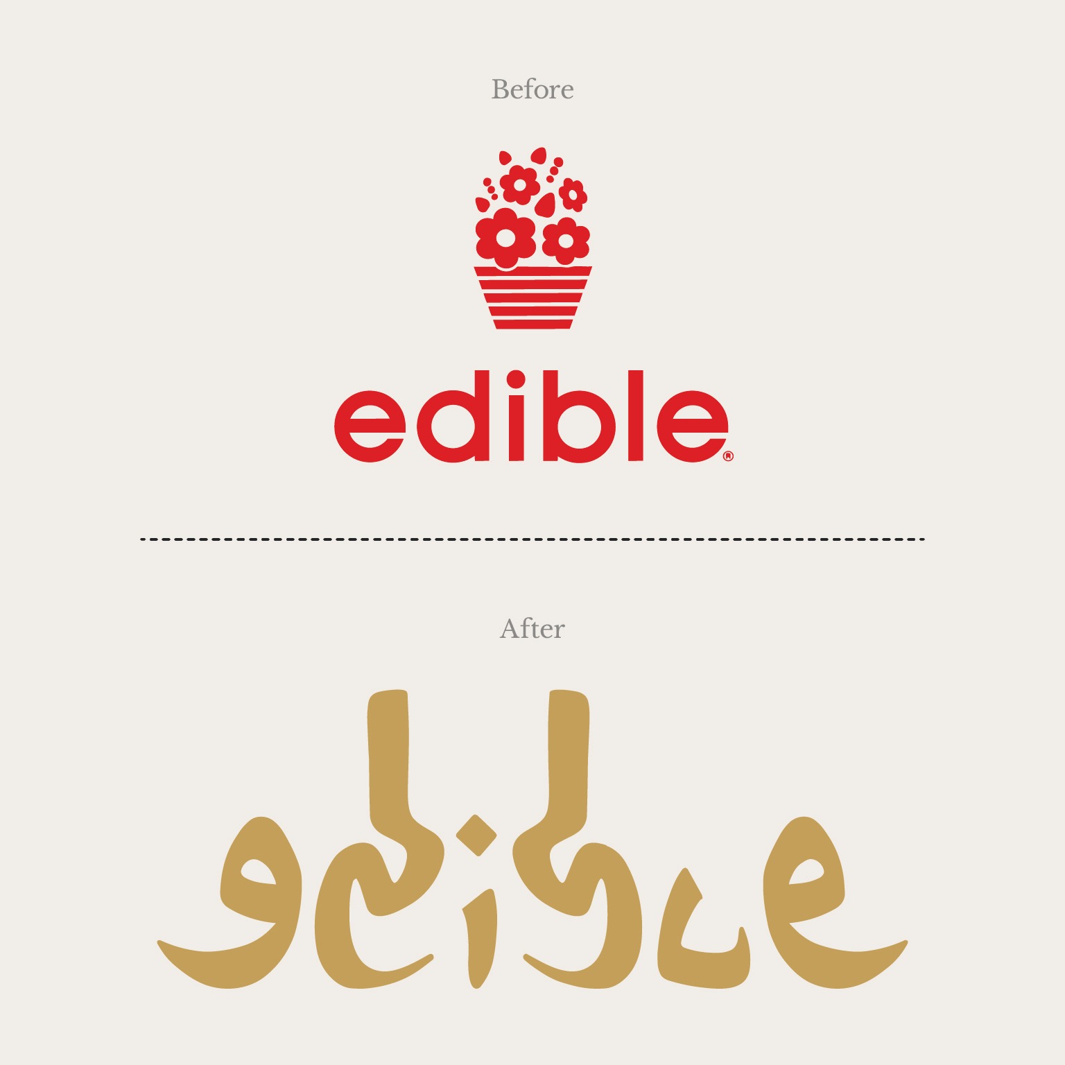 Edible brand evolution before and after comparison showing the transition from legacy fruit bouquet to modern luxury emblem
