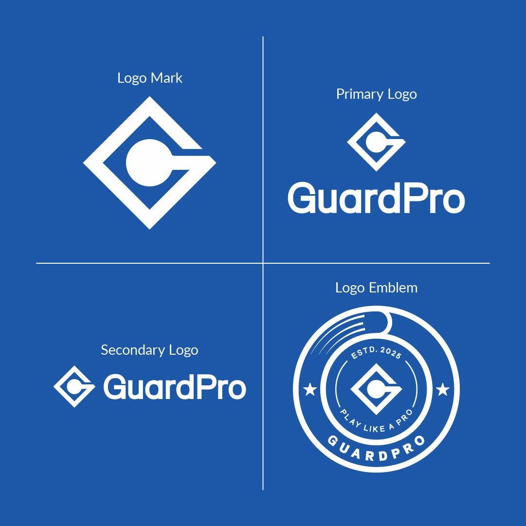 GuardPro system architecture: core logo mark, primary lockup, secondary lockup, and Play Like a Pro circular seal