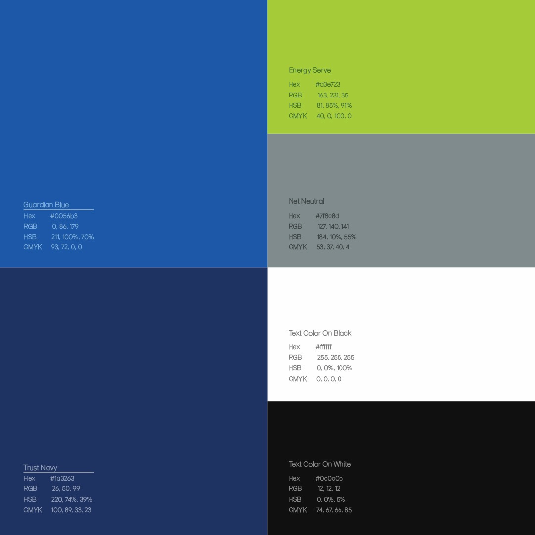 GuardPro chromatic palette specifications: Guardian Blue (#0056b3), Trust Navy (#1a3263), Energy Serve (#a3e723), Net Neutral (#7f8c8d), Text on Black (#ffffff), Text on White (#0c0c0c)