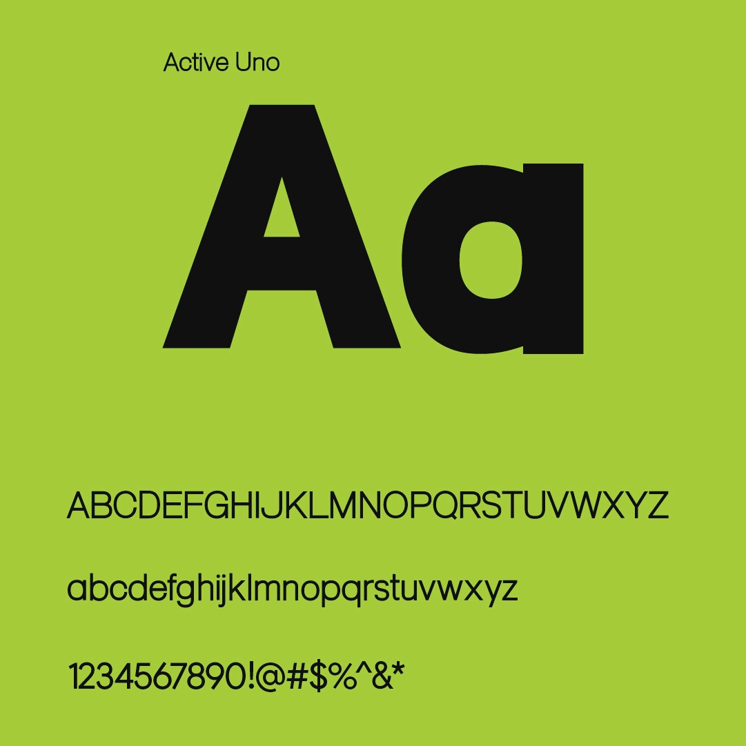 Active Uno bespoke athletic typeface specimen sheet displaying glyph set and numerals on vibrant Energy Serve lime green