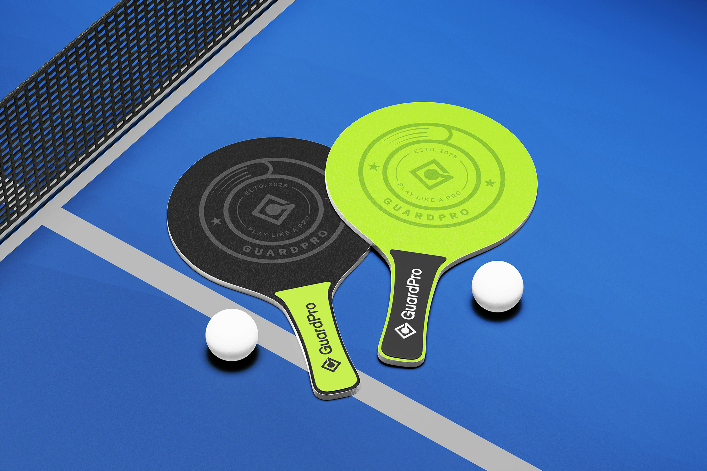 GuardPro custom tournament competition carbon paddles in matte black and neon lime with official balls on Olympic blue table