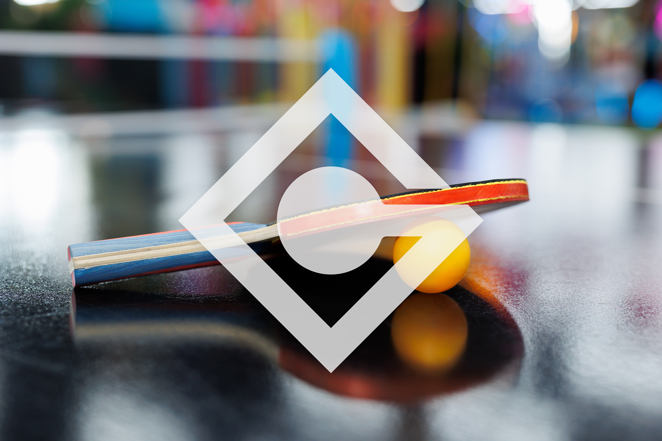 Cinematic macro view of GuardPro competition table tennis paddle and tournament ball with translucent white shield emblem overlay