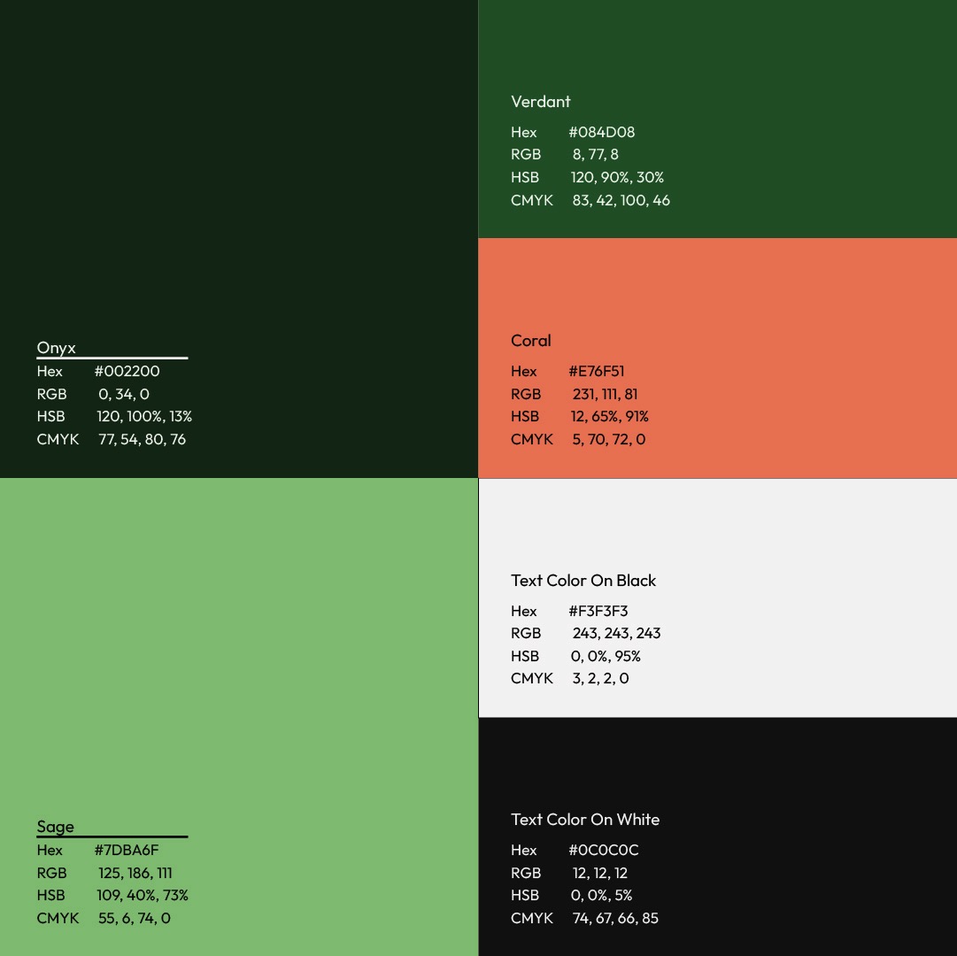 OYS Creative chromatic hierarchy specifications featuring Onyx (#002200), Verdant (#084D08), Coral (#E76F51), and Sage (#7DBA6F)