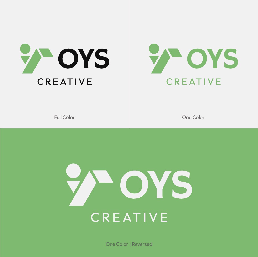 OYS Creative brand reproduction standards showing full color, one color, and reversed on sage green