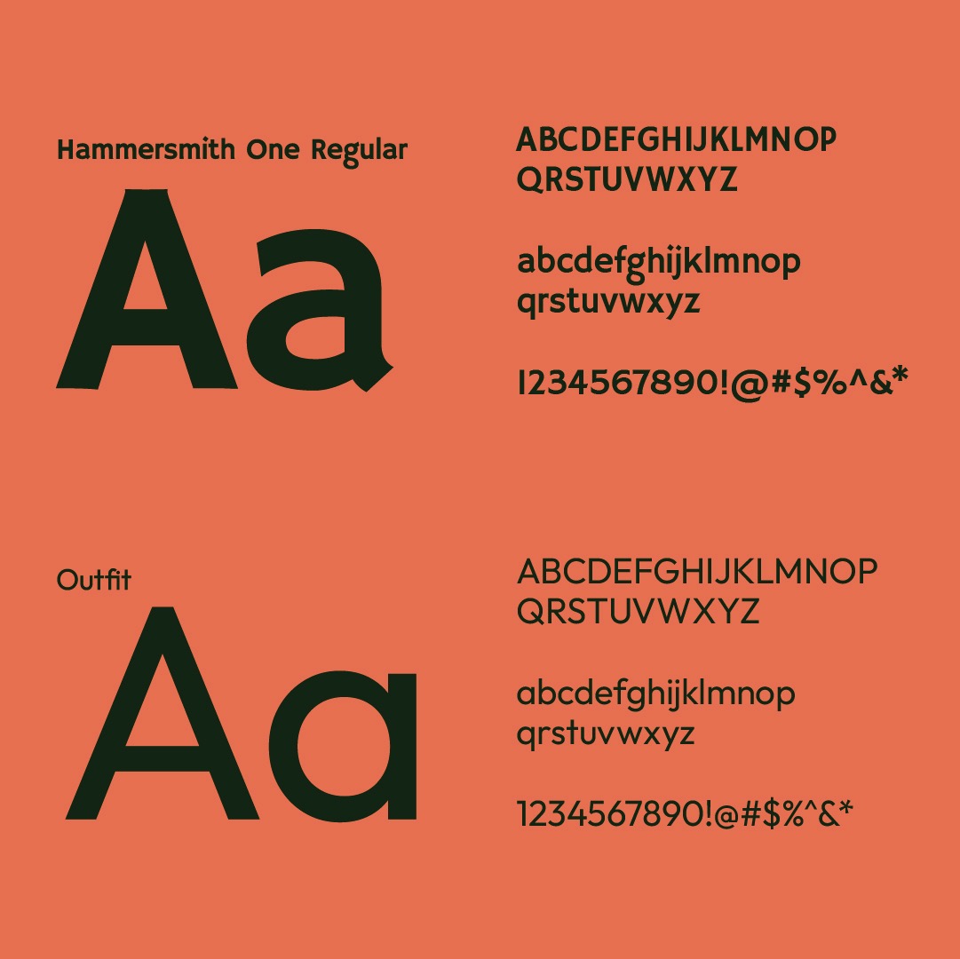 OYS Creative bespoke typography specimen sheet displaying Hammersmith One and Outfit character sets on vibrant Coral