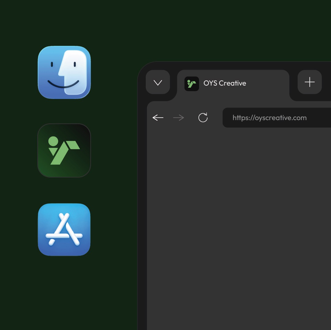 OYS Creative digital ecosystem interface mockup showing browser tab and desktop app dock icon