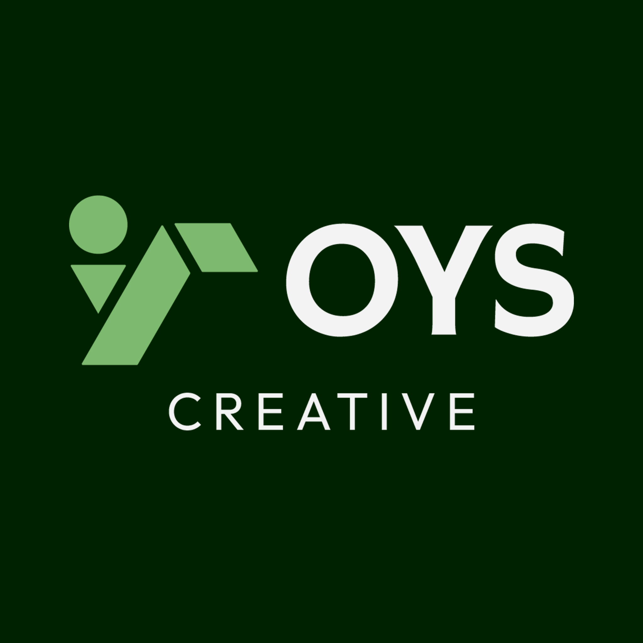 OYS Creative primary brandmark with sage geometric monogram and crisp white typography on deep forest green