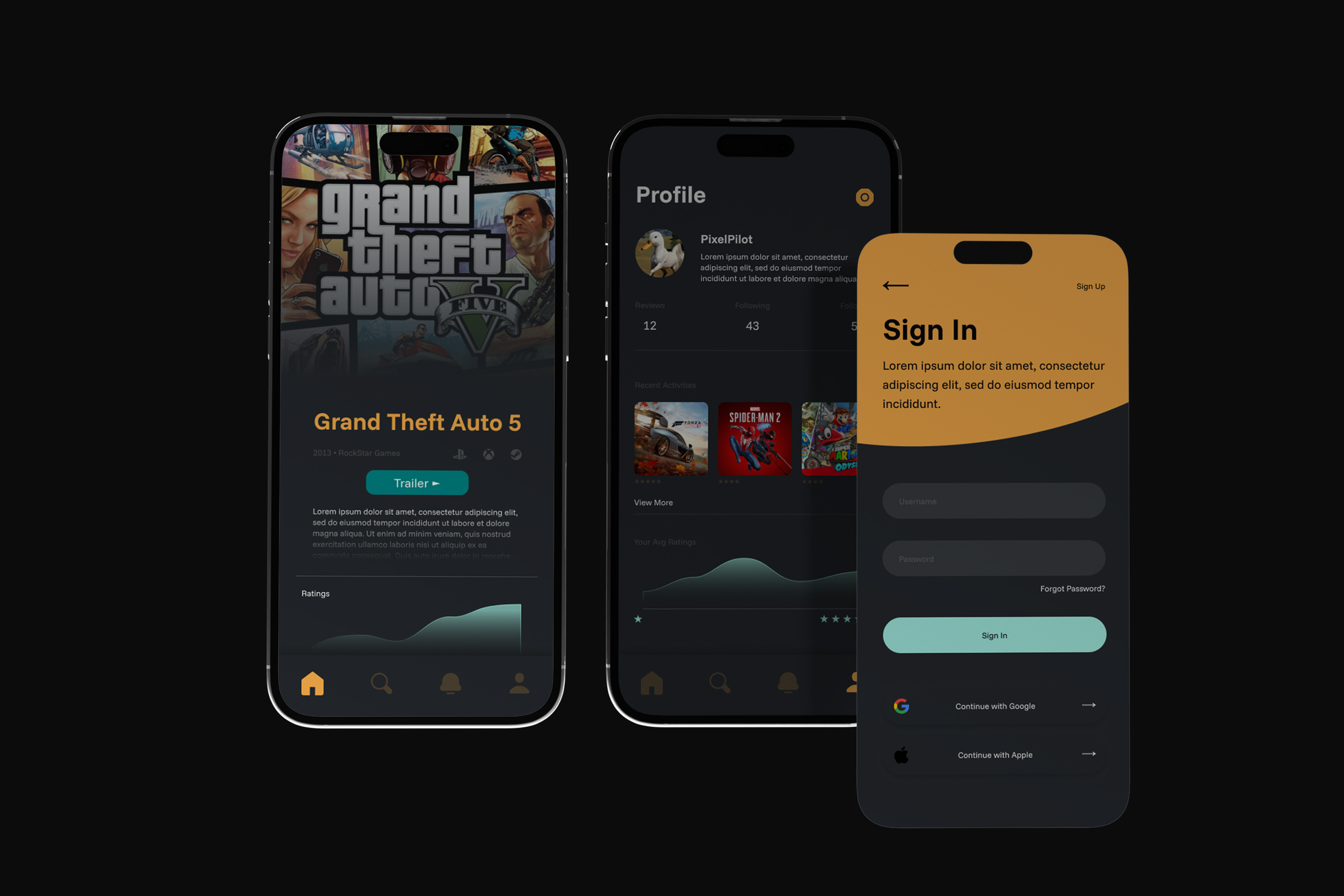Pixel Arcade mobile app interface running on smartphone showing game database discovery feed and user ratings