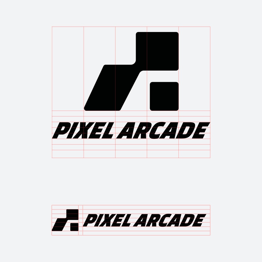 Pixel Arcade brand system specifications displaying geometric grid construction and high-contrast dark canvas lockups