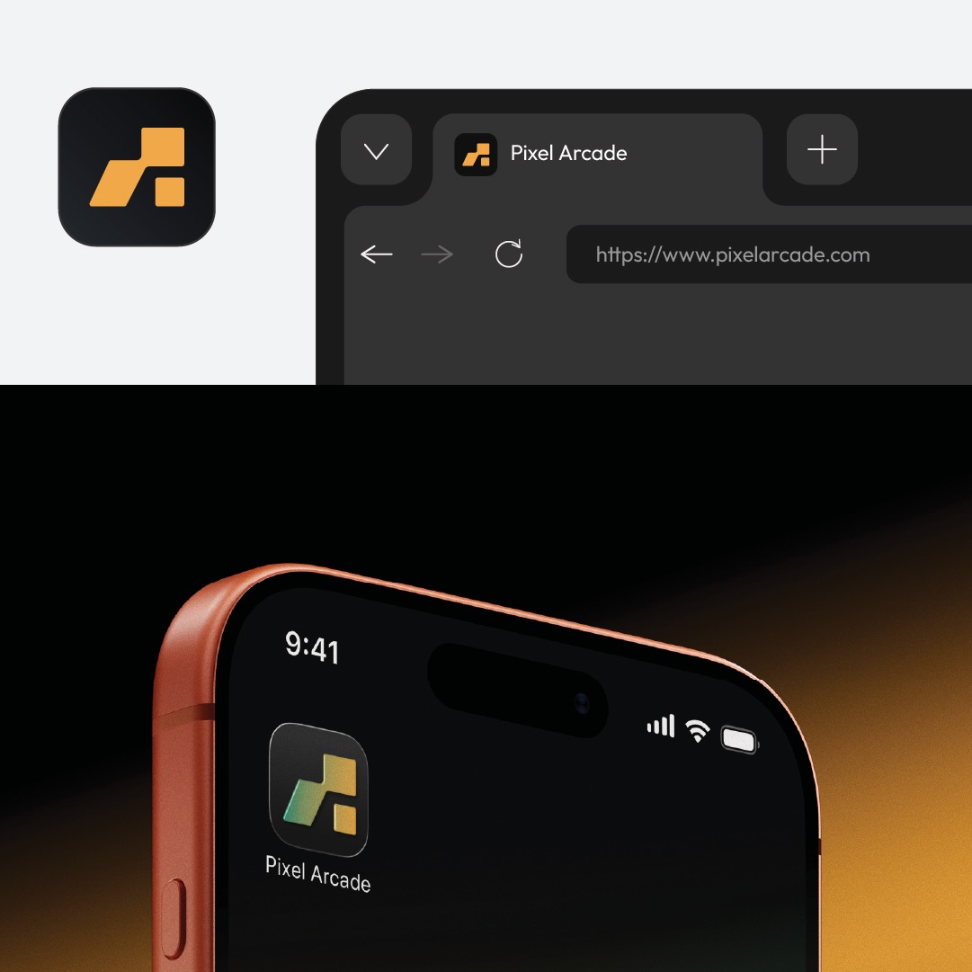 Pixel Arcade full visual system exploration with badge seals and dark-mode brand patterns