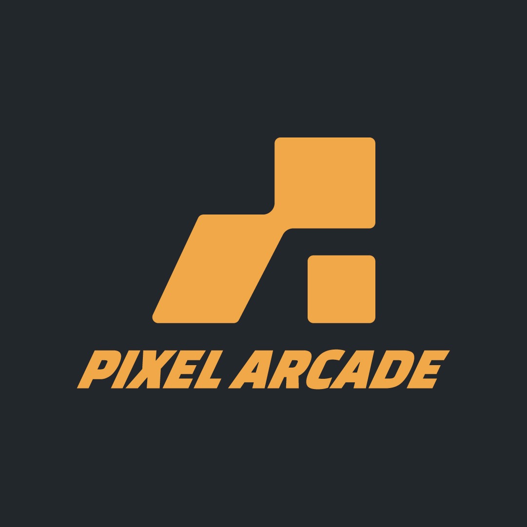 Pixel Arcade primary logomark displaying stylized retro arcade cabinet emblem in vivid magenta and electric violet
