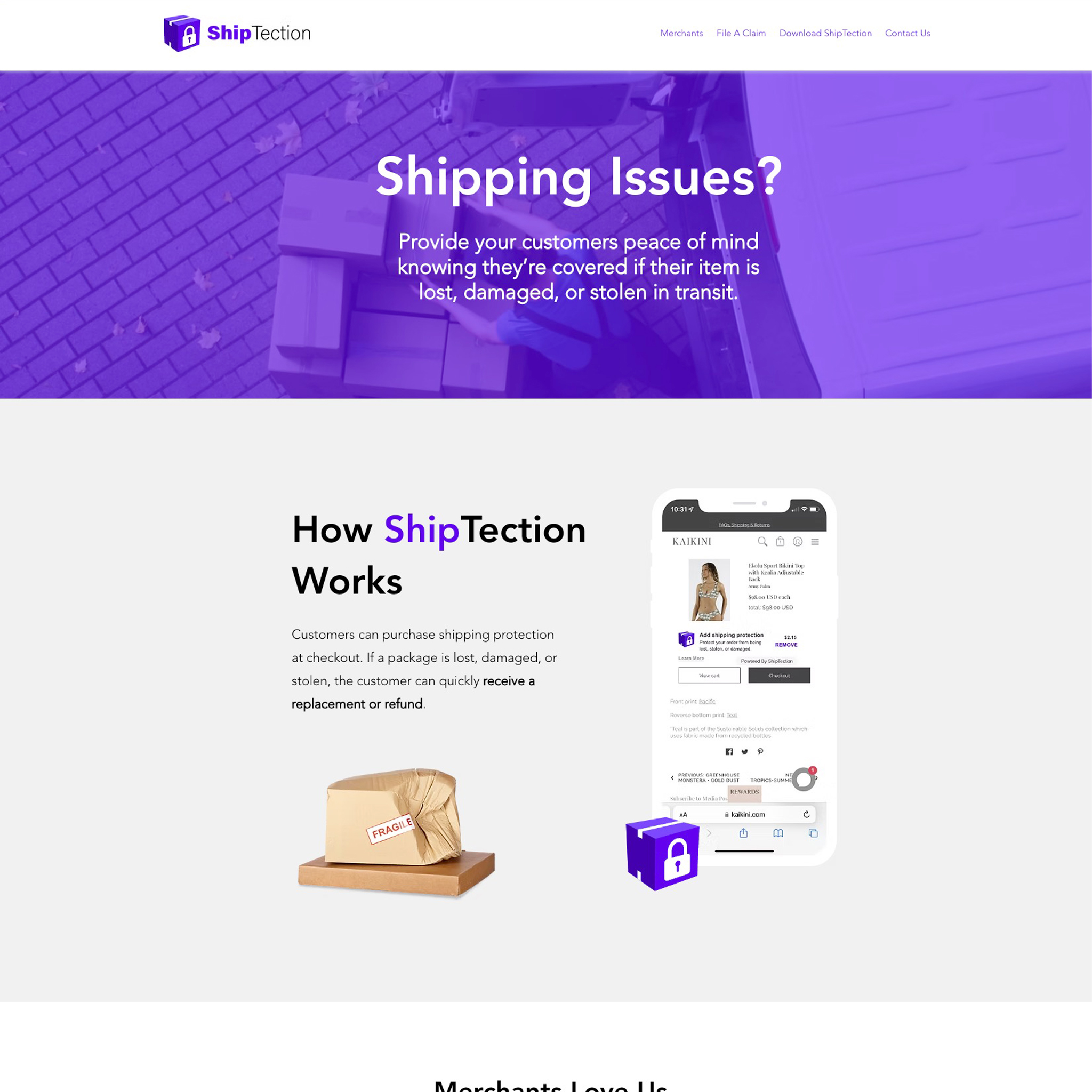 Legacy ShipTection landing page exhibiting weak CTA placement and cluttered imagery