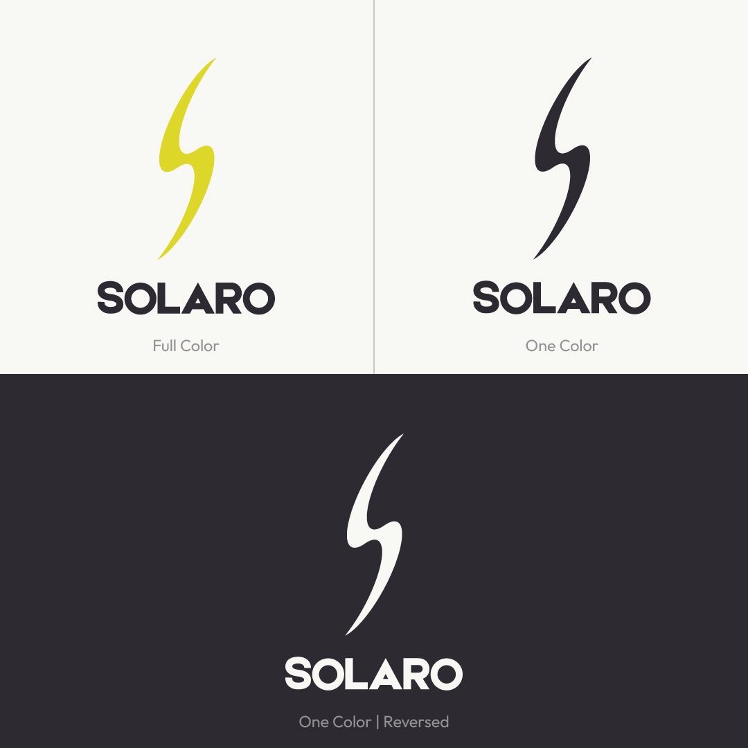 Solaro logo reproduction standards showing full color, single color black, and reversed white applications