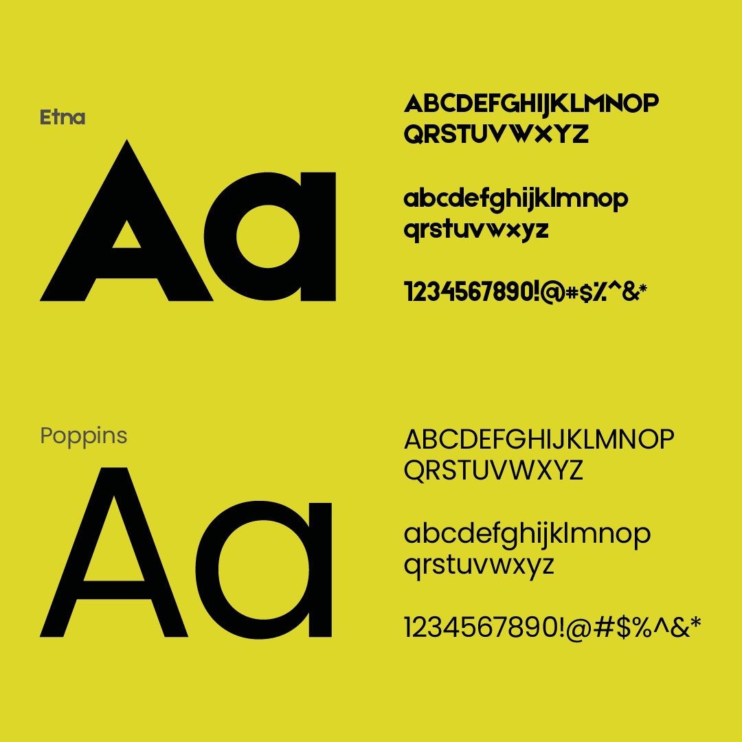 Solaro bespoke typography specimen sheet displaying Etna display headline font and Poppins subhead font on solar flare yellow