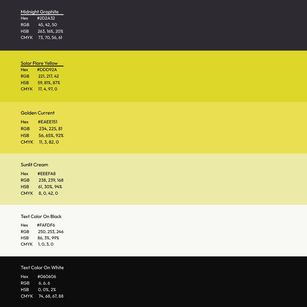 Solaro chromatic identity system specifications featuring Midnight Graphite, Solar Flare Yellow, Golden Current, and Sunlit Cream