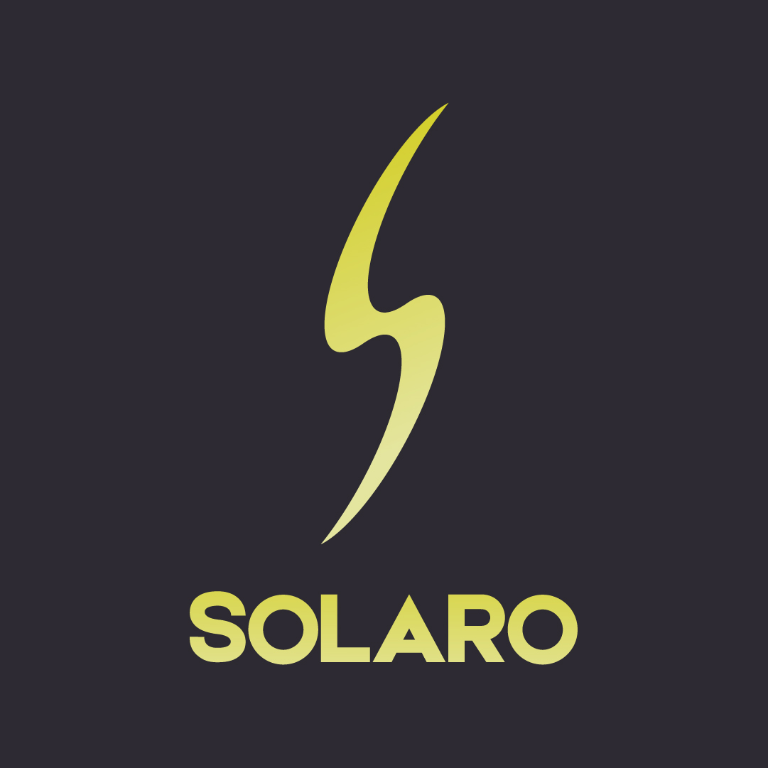 Solaro primary brandmark featuring kinetic solar S-curve symbol in radiant yellow on midnight graphite background