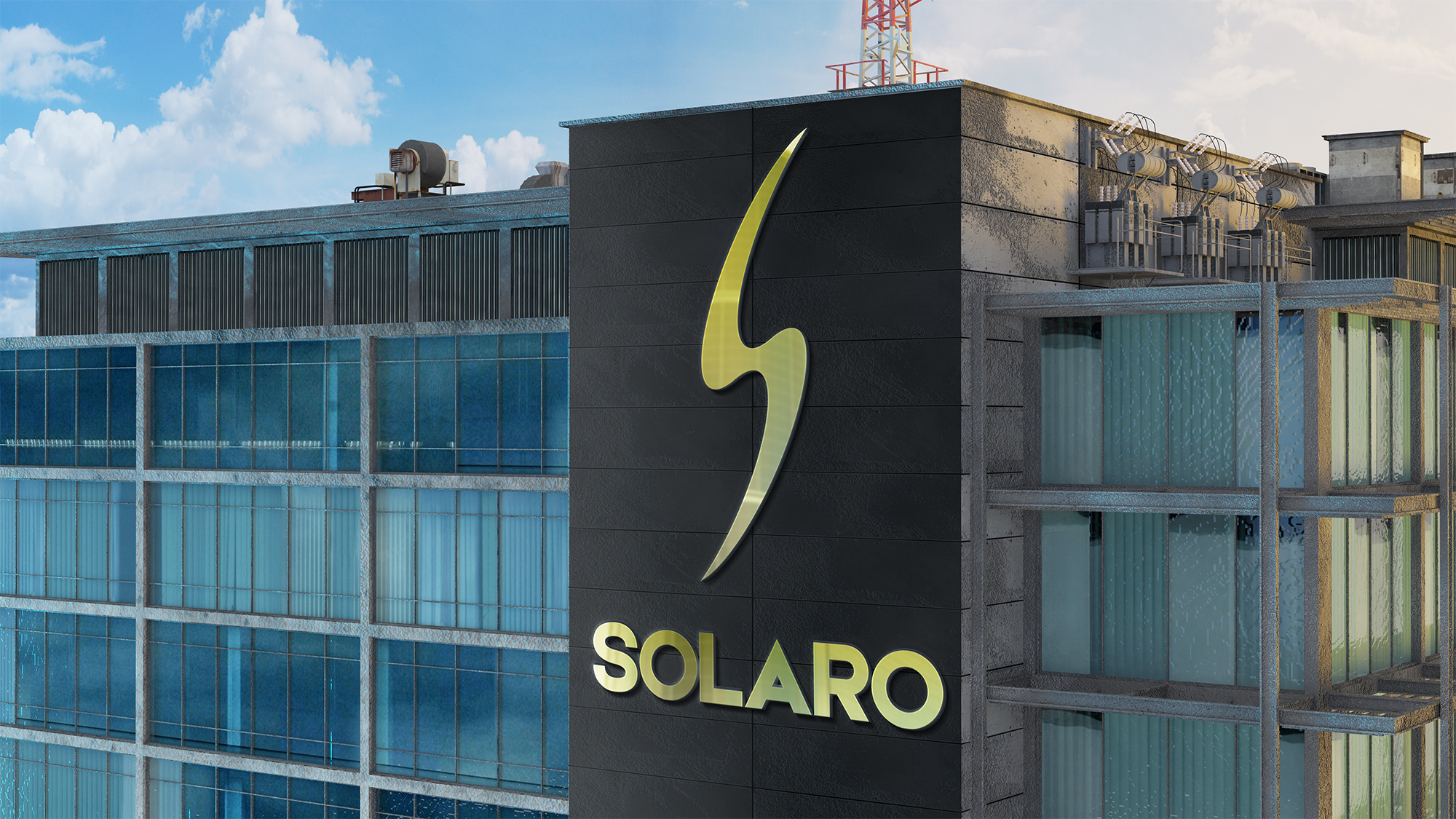 Solaro headquarters exterior architectural blade sign illuminated against modern glass facade
